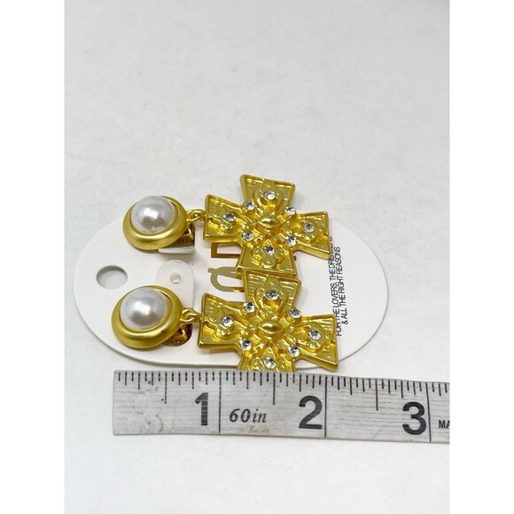 New 8 Other Reasons Gold Tone Faux Pearl Rhinestone Maltese Cross Earrings - Picture 4 of 4